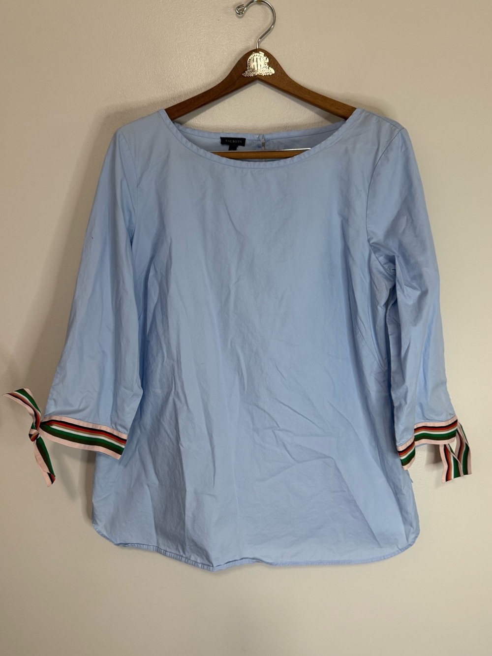 Talbots cotton Light Blue Women's Boatneck top Striped Sleeve Ties size large